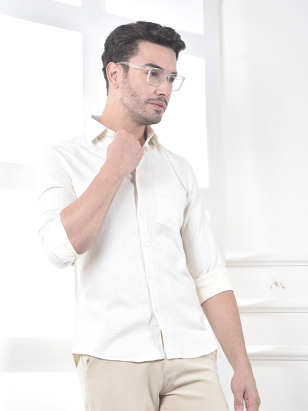 Beige Jacquard 100% Cotton Shirt