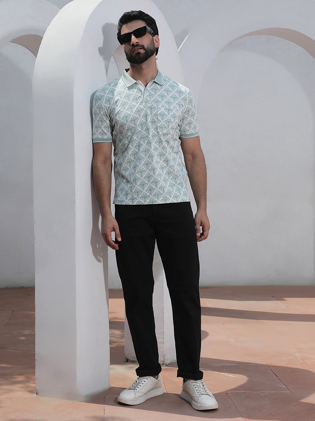 Green Printed Polo Neck T-Shirt
