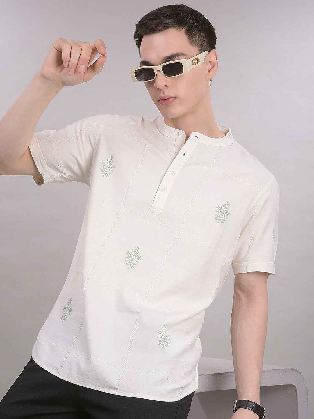 Cream Floral Print 100% Cotton Kurta