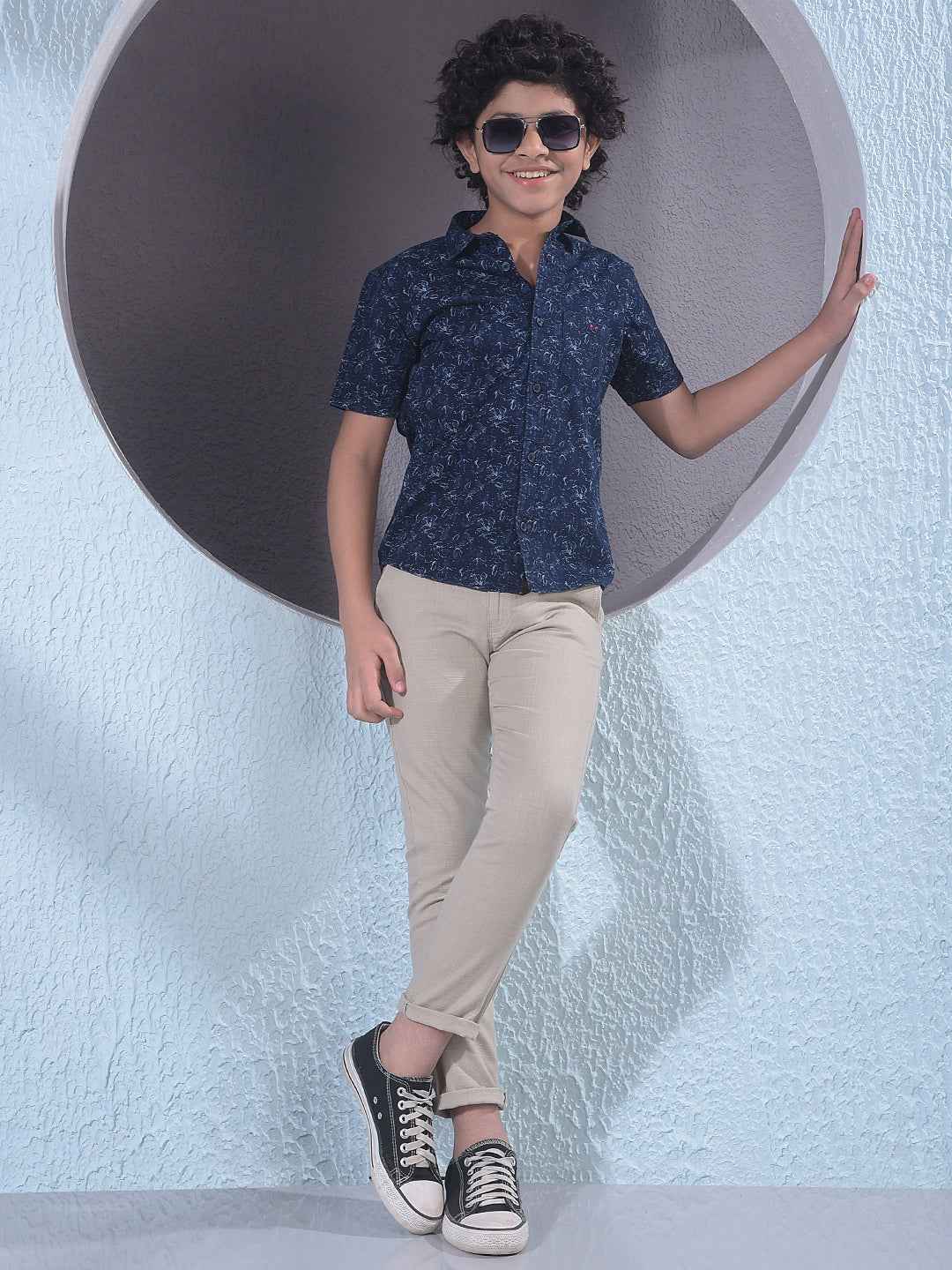 Navy Blue Floral Print 100% Cotton Shirt