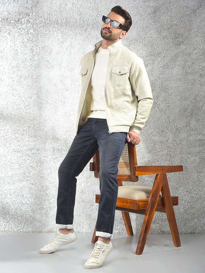 Cream Knit-Panel Casual Jacket