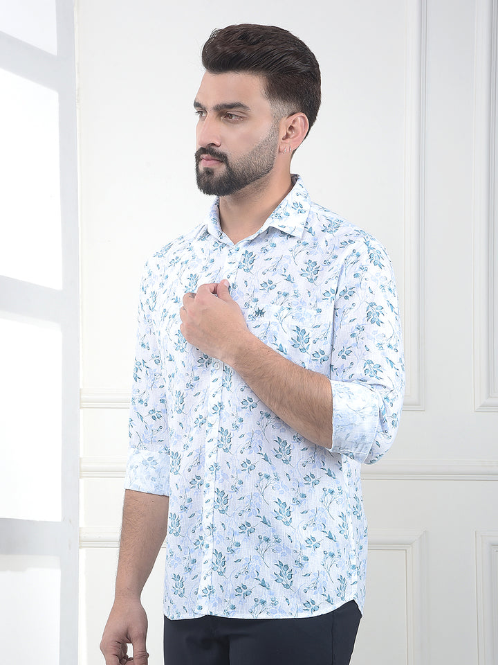 Ocean Blue Blue Floral Print Linen Shirt
