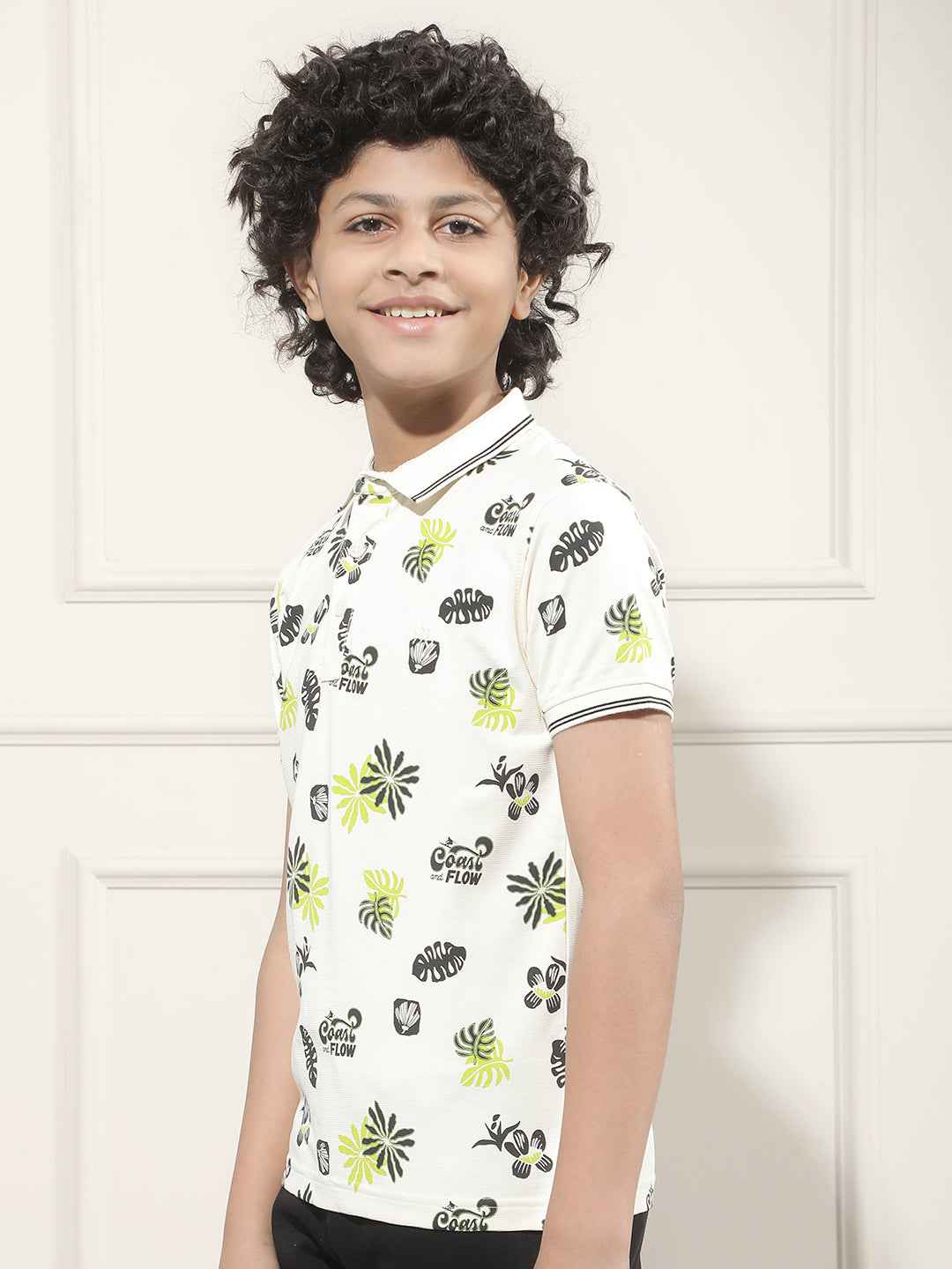 Tropical Print Cream Polo T-Shirt