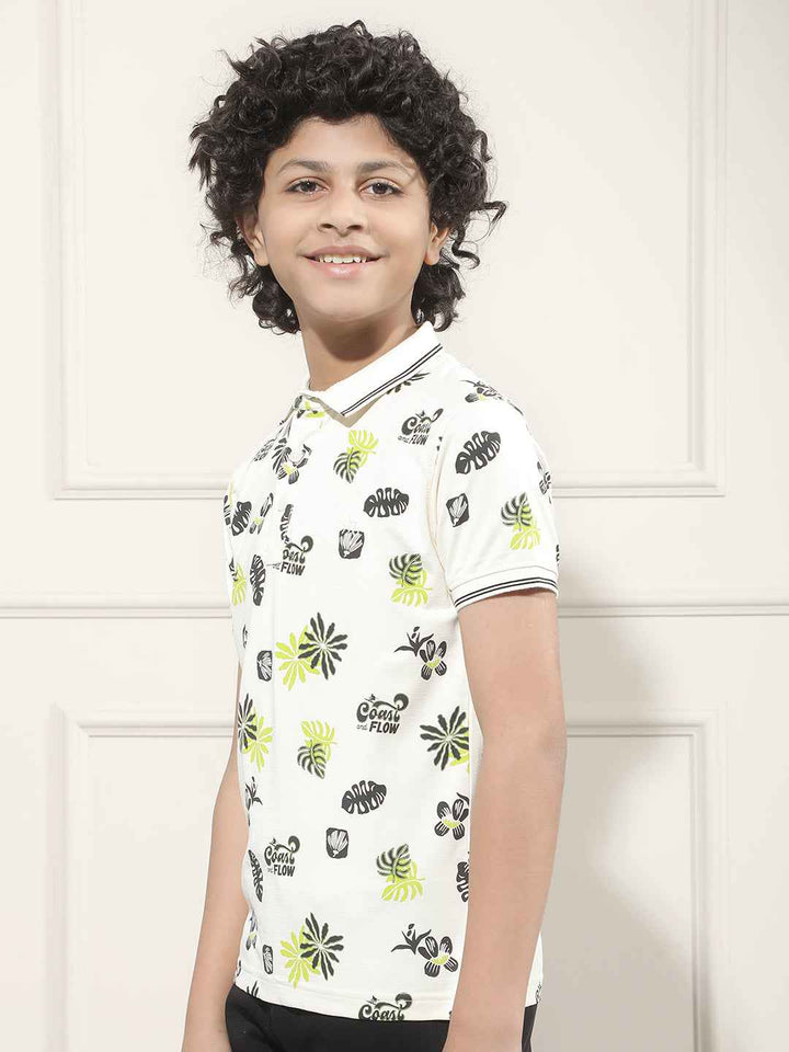 Tropical Print Cream Polo T-Shirt