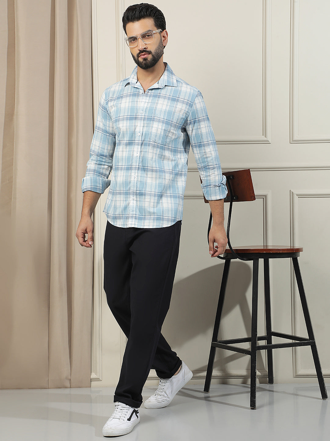 Pastel Blue 100% Cotton Checked Shirt