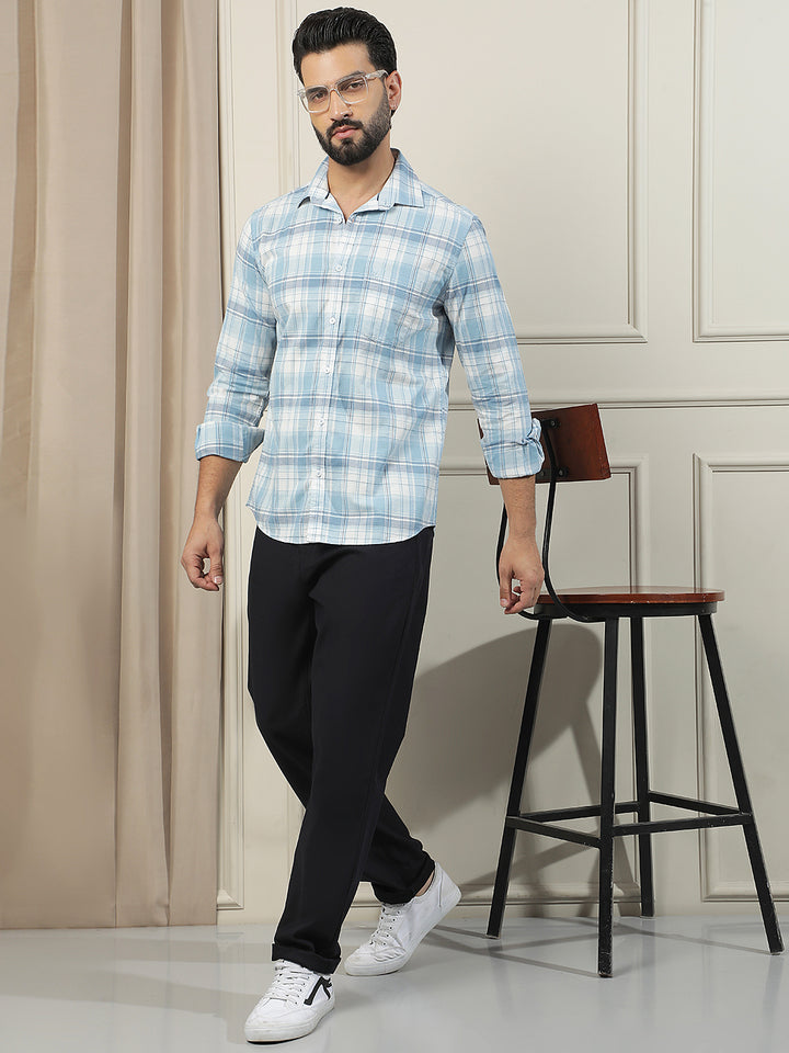 Pastel Blue 100% Cotton Checked Shirt