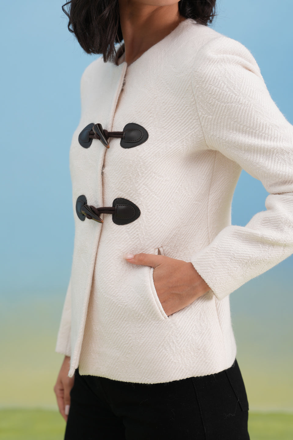 White Textured Toggle Detail Coat