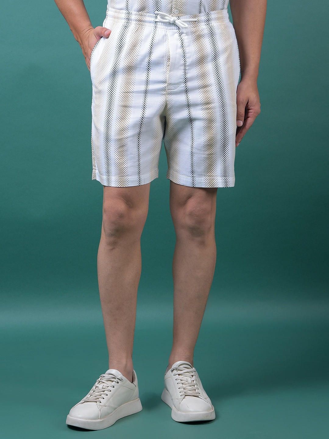 Beige Vertical Stripes 100% Cotton Shorts