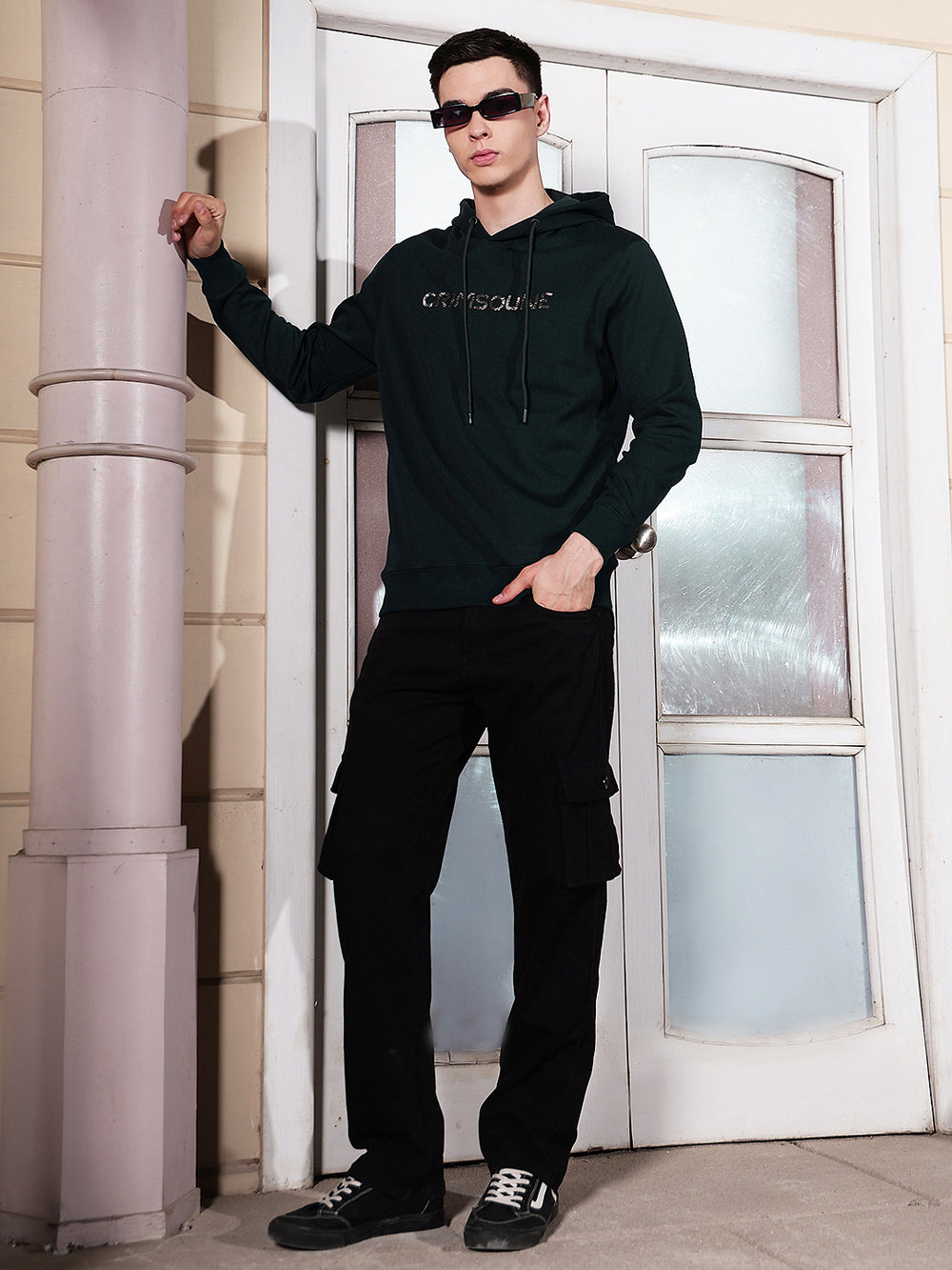 Green Typographic Printed Hooded Sweatshirt