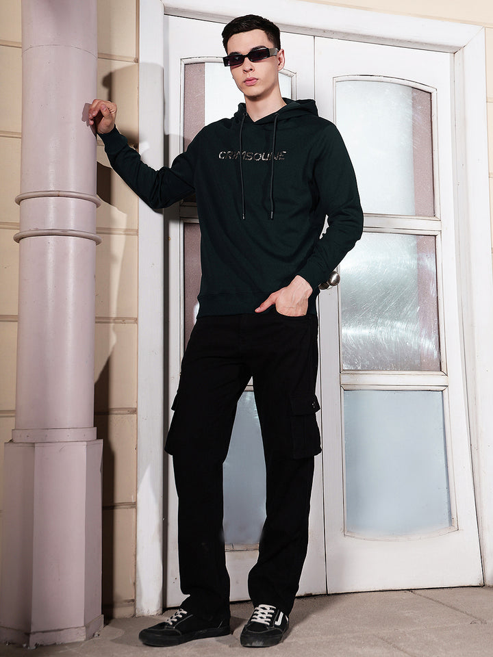 Green Typographic Printed Hooded Sweatshirt