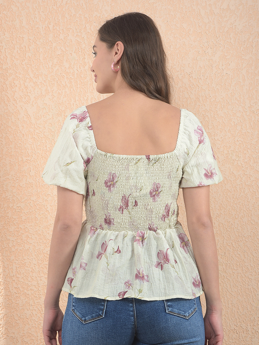 Green Floral Print Square Neck Peplum Top