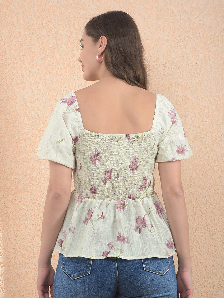 Green Floral Print Square Neck Peplum Top