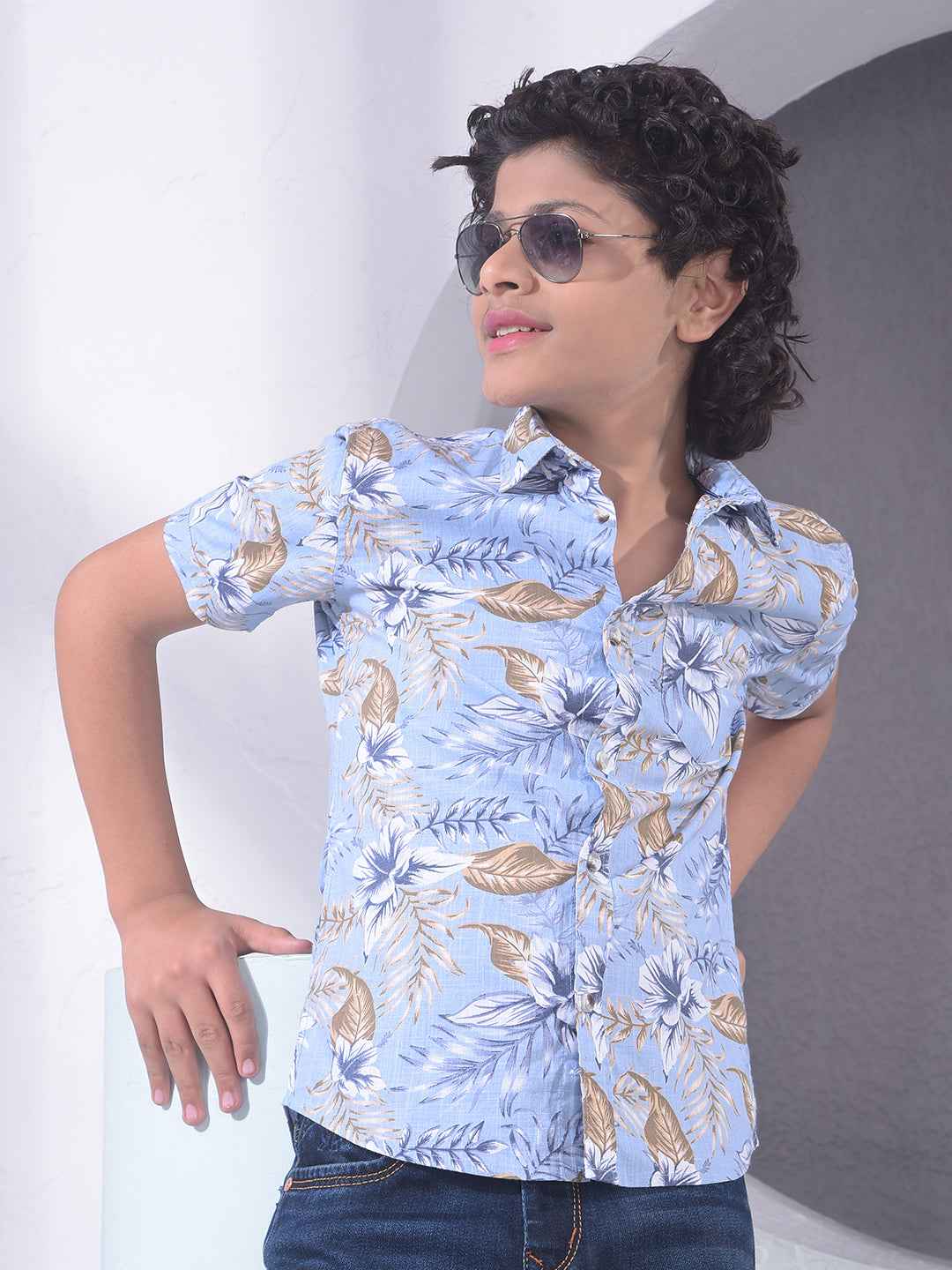 Blue Floral Print 100% Cotton Shirt