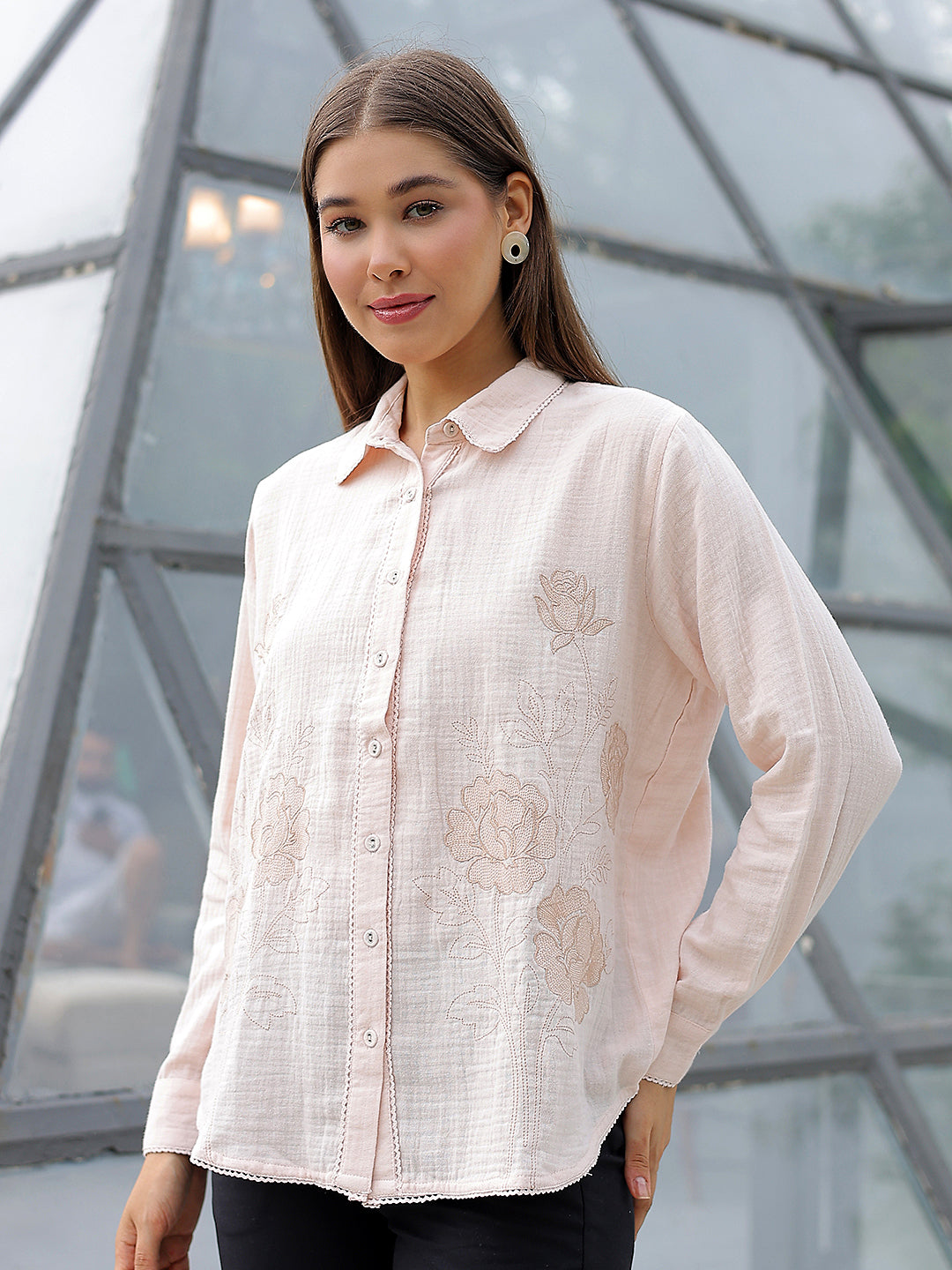 Peach Floral Embroidered 100% Cotton Shirt