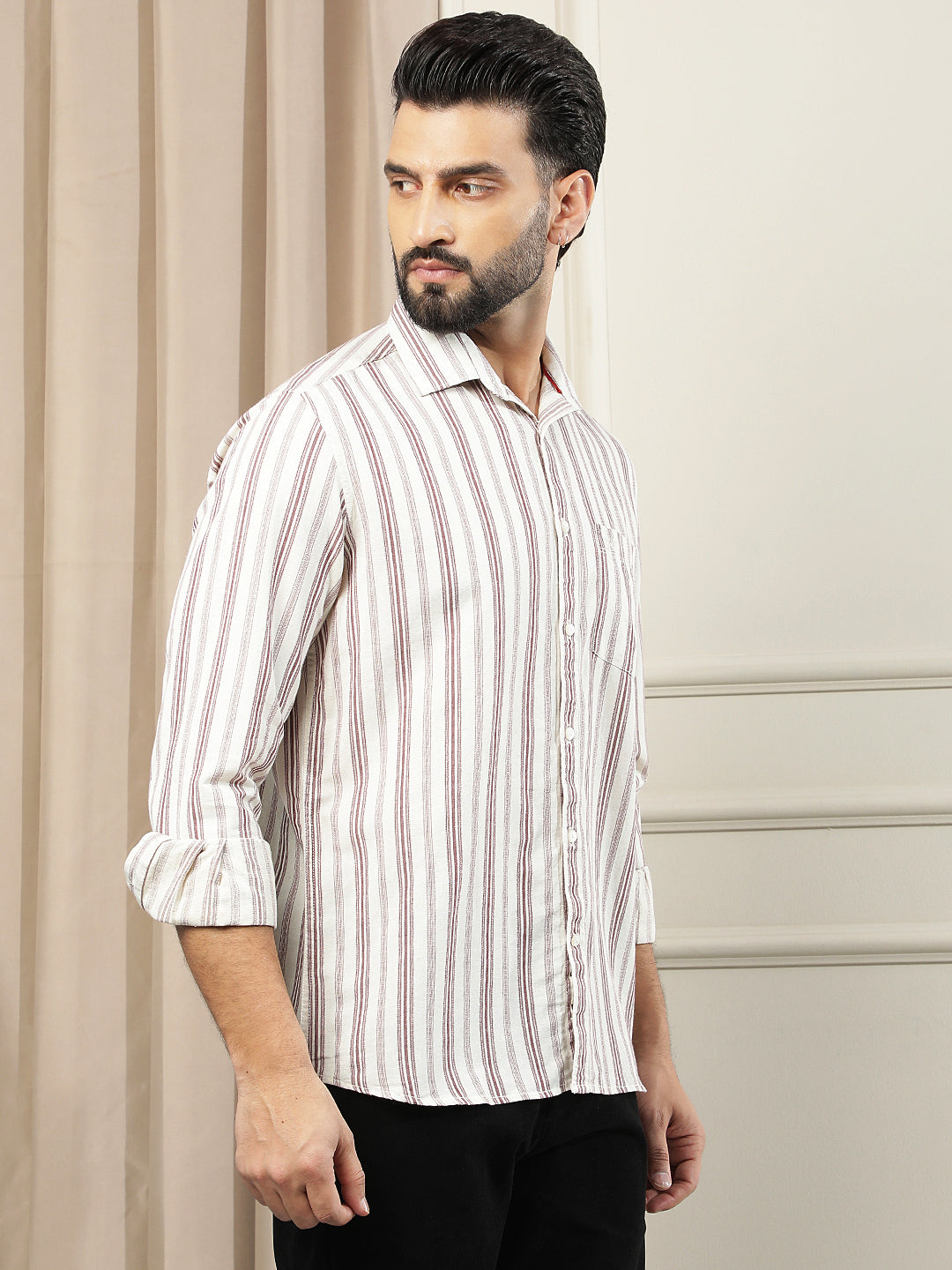 Maroon Vertical Stripes Linen Shirt