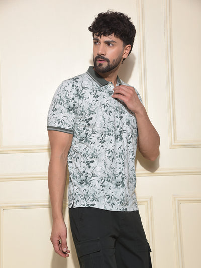 Olive Floral Print Polo-Neck T-Shirt