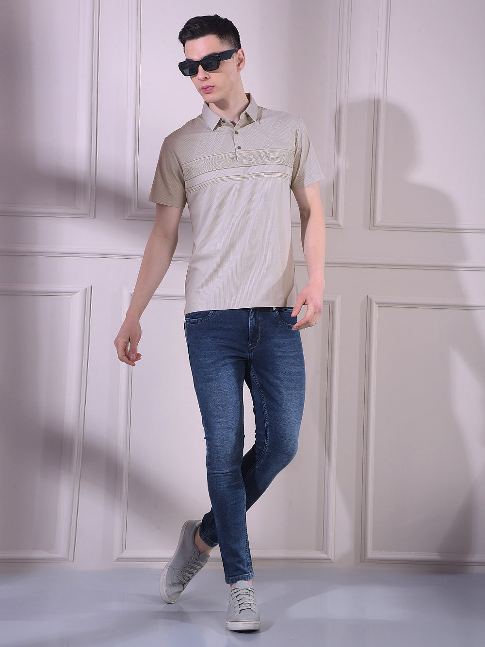 Grey Typographic Print Polo Neck T-Shirt