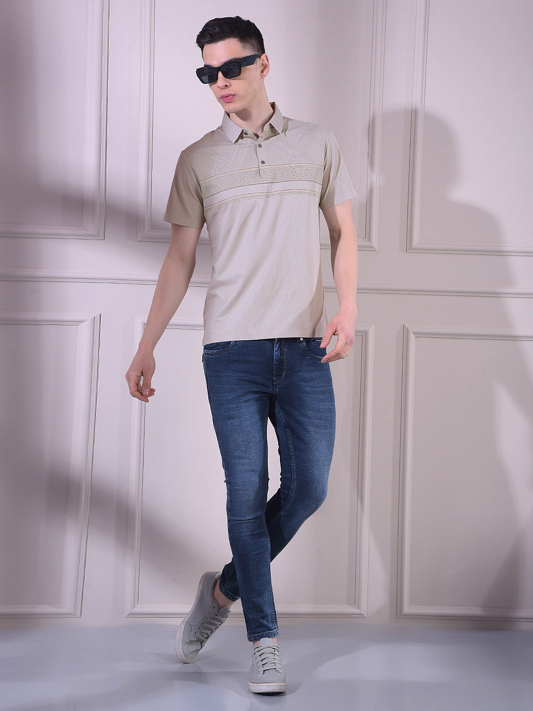 Grey Typographic Print Polo Neck T-Shirt