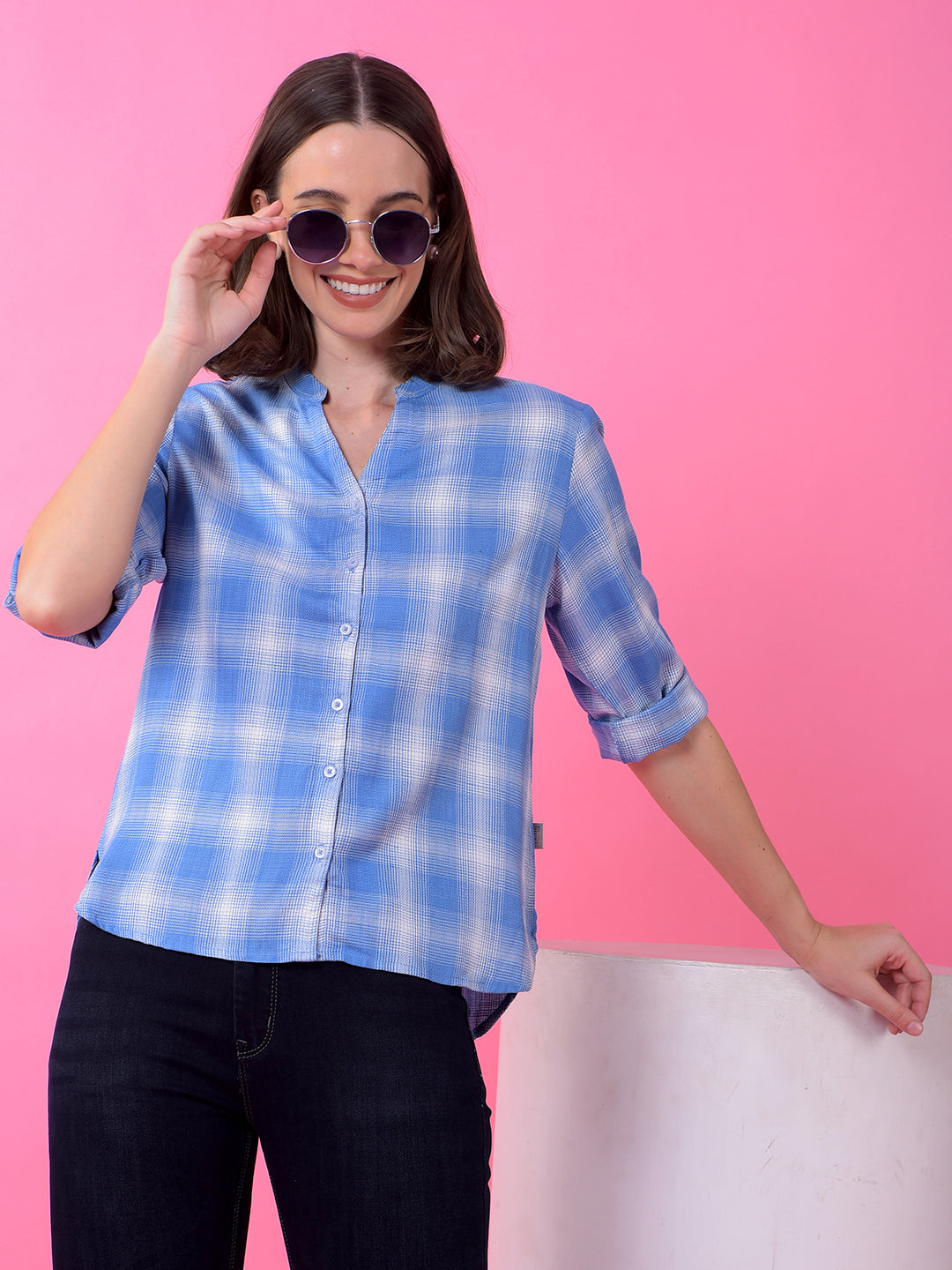 Blue Checked V-Neck Shirt