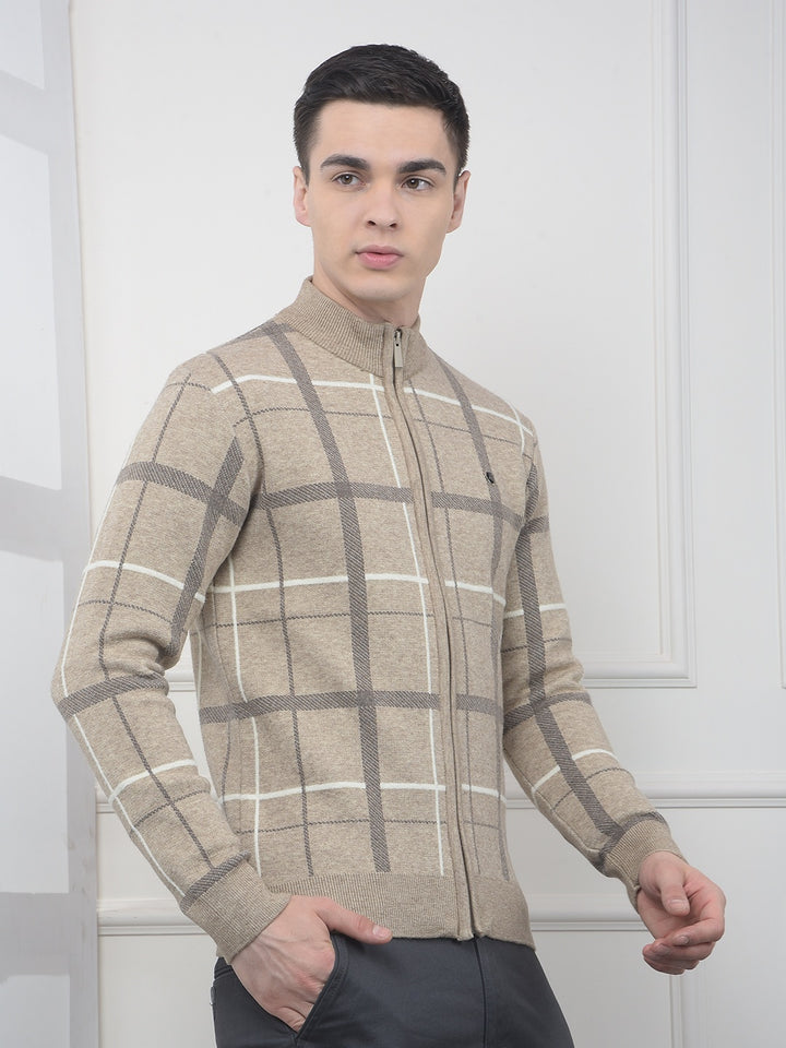 Easy Fit Beige Checked Sweater
