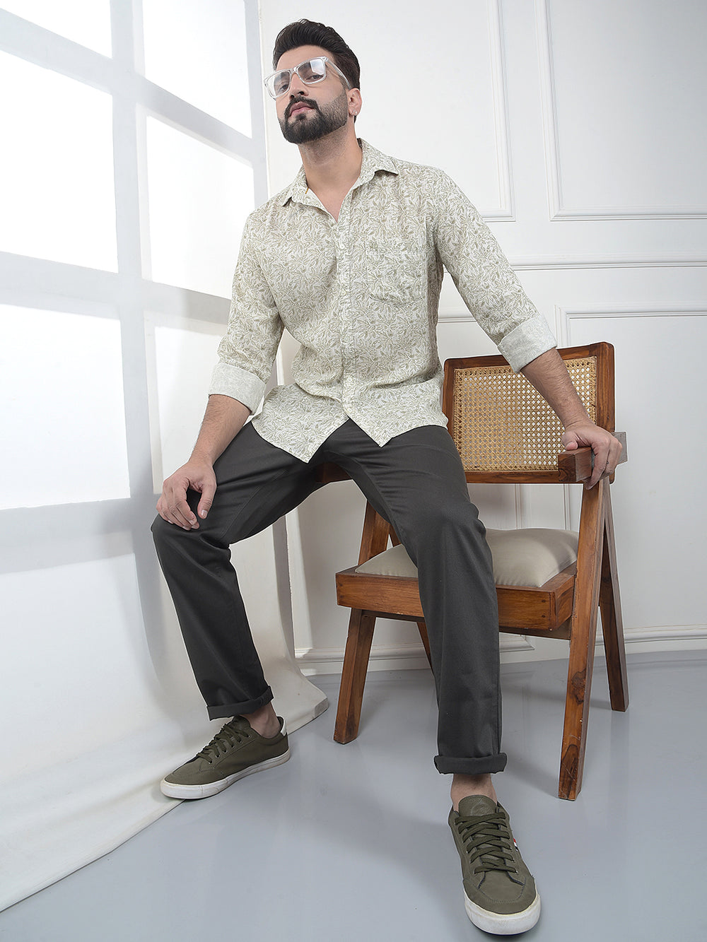 Olive Floral Print Linen Shirt