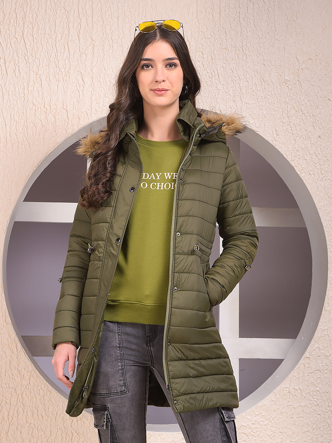 Olive Hooded Neck Puffer Jacket