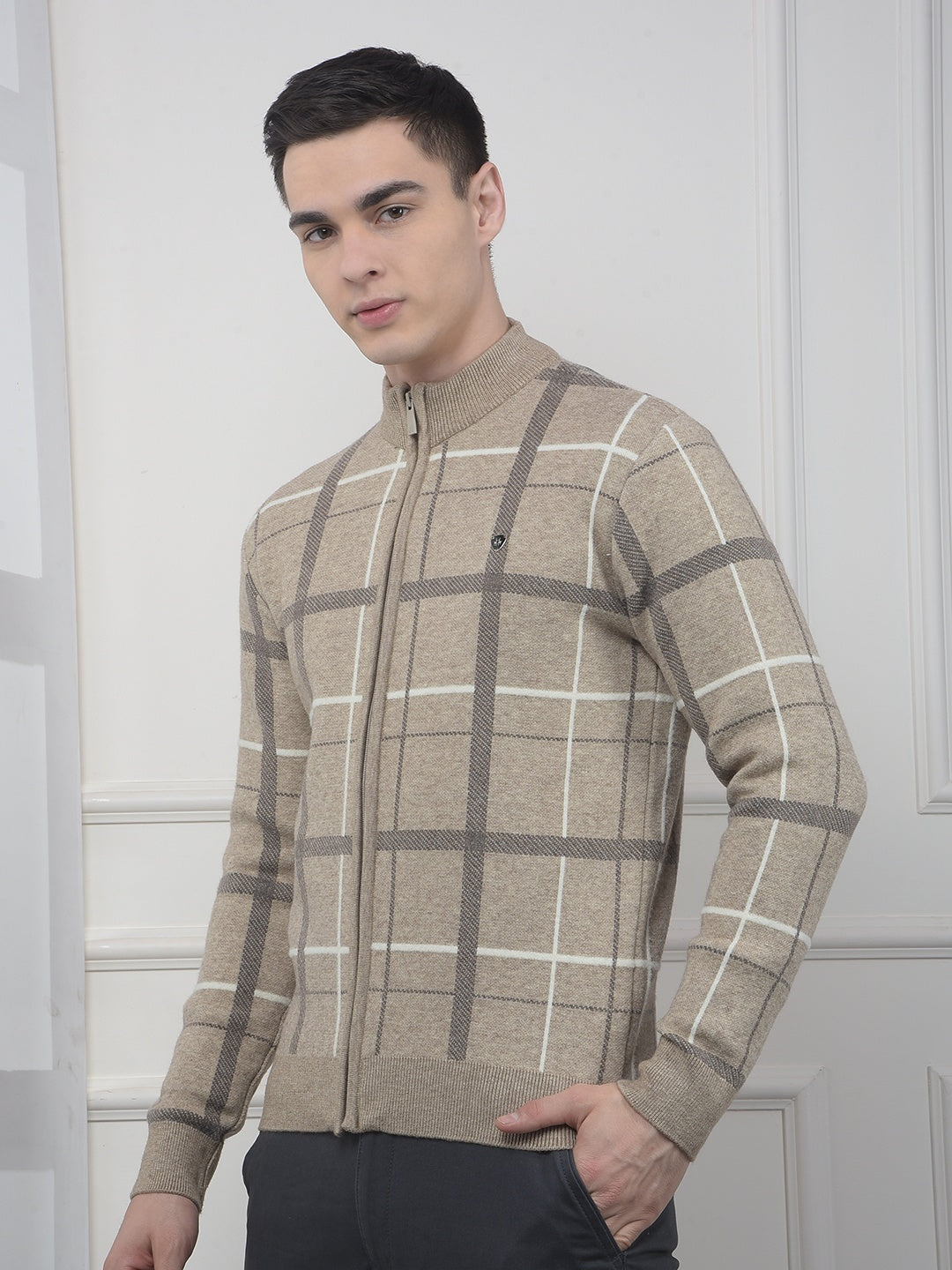 Easy Fit Beige Checked Sweater