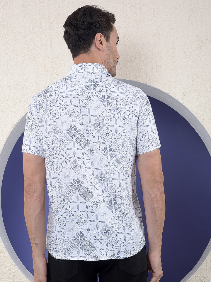 Grey Floral Printed 100% Cotton Shirt