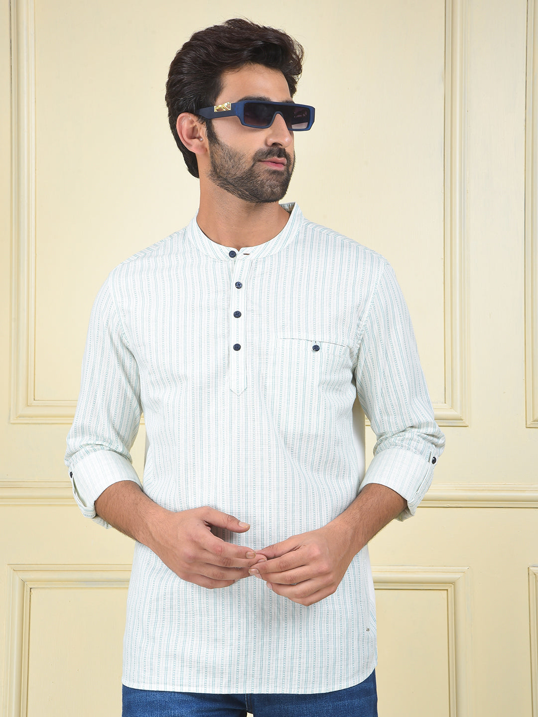 Green Vertical Stripes Knitted Kurta