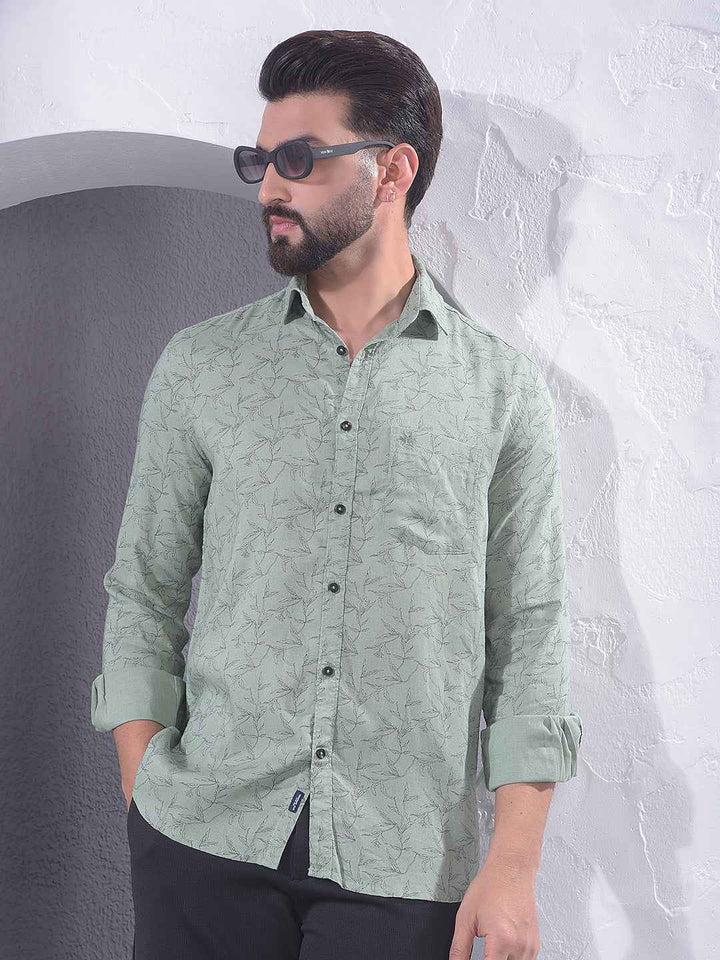 Green Floral Print Linen Shirt