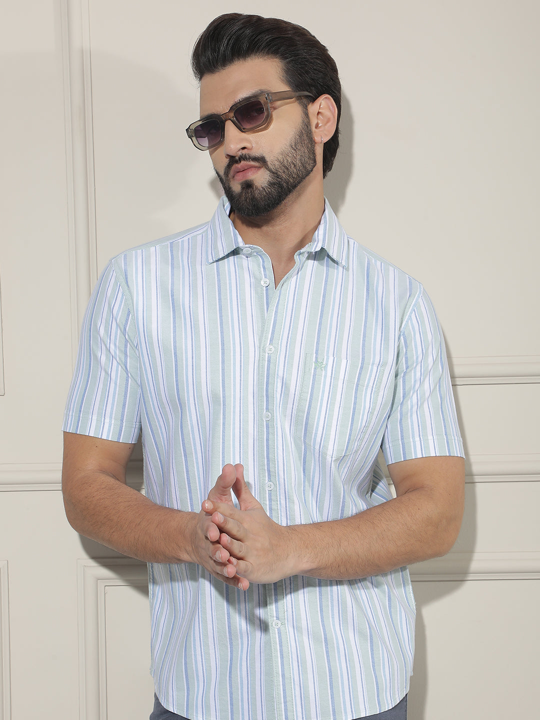 Green Vertical Striped 100% Cotton Shirt