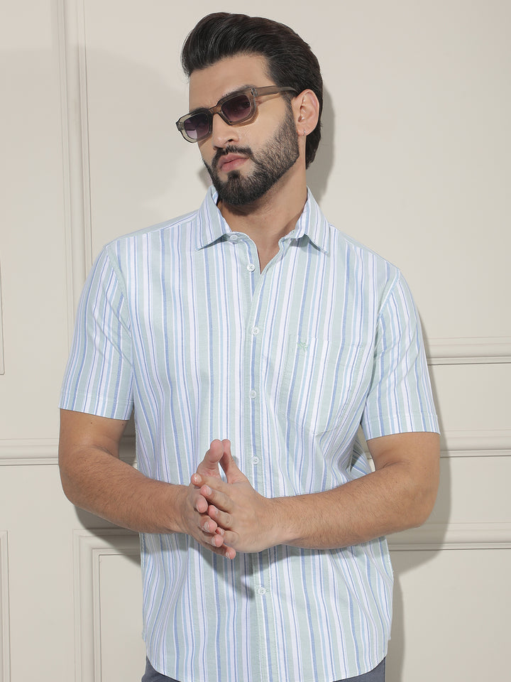 Green Vertical Striped 100% Cotton Shirt