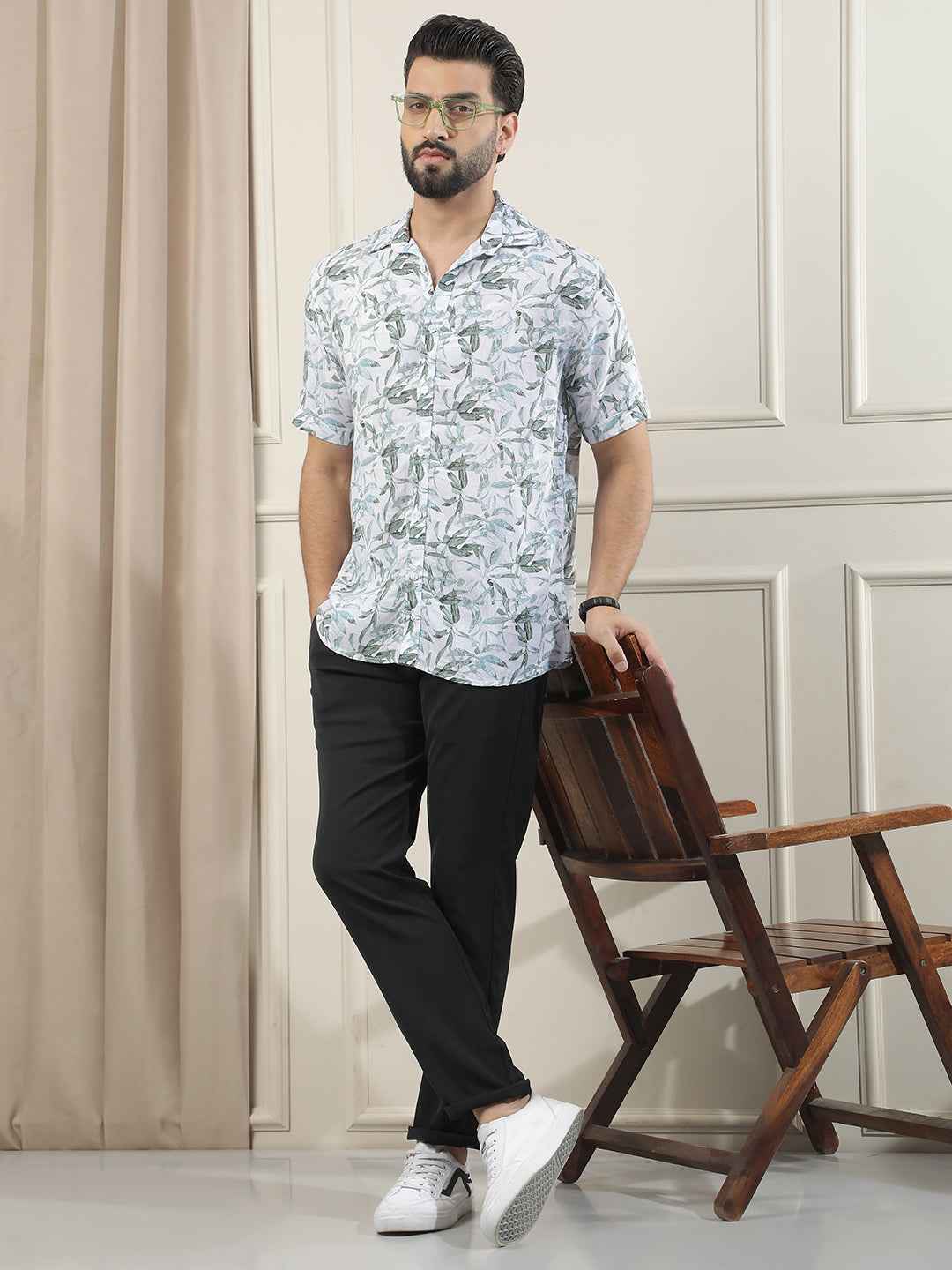 Green Floral Print Linen Shirt