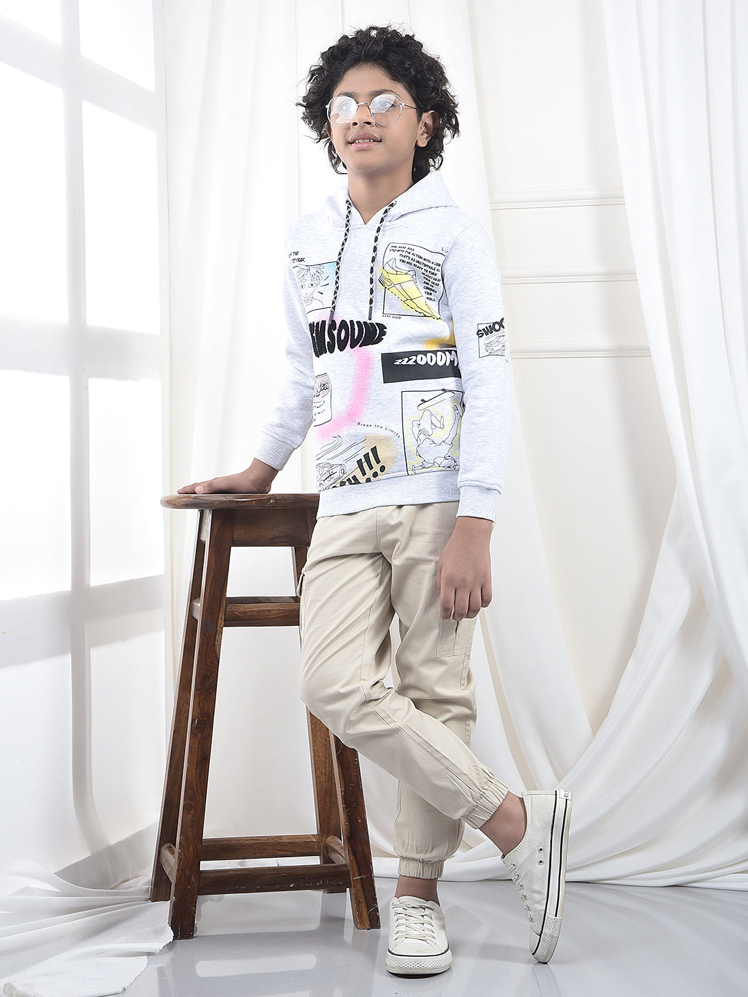 Grey Typographic Print Hooded Neck Sweatshirt