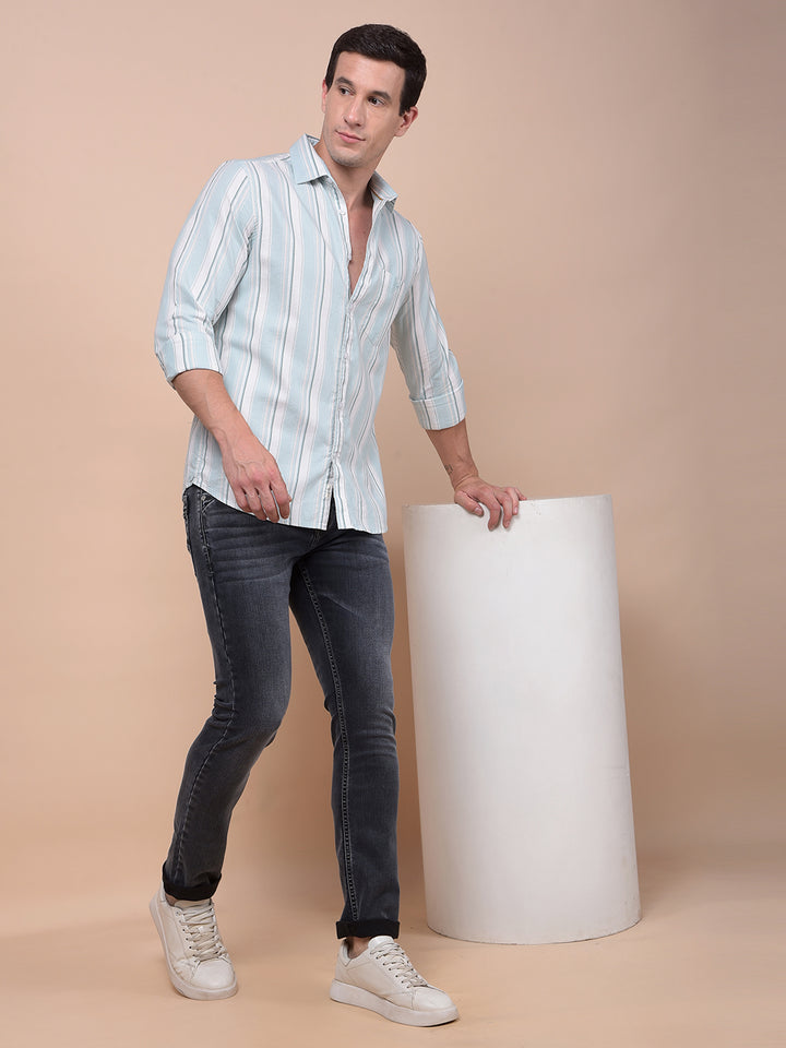 Green Vertical Stripes 100% Cotton Shirt