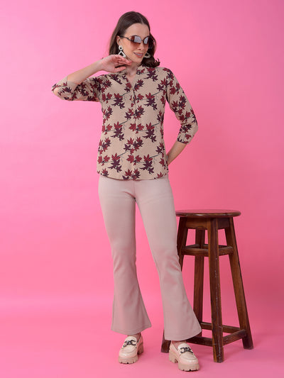 Beige Floral Print V-Neck Linen Top