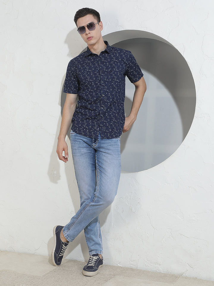 Blue Floral Print 100% Cotton Shirt