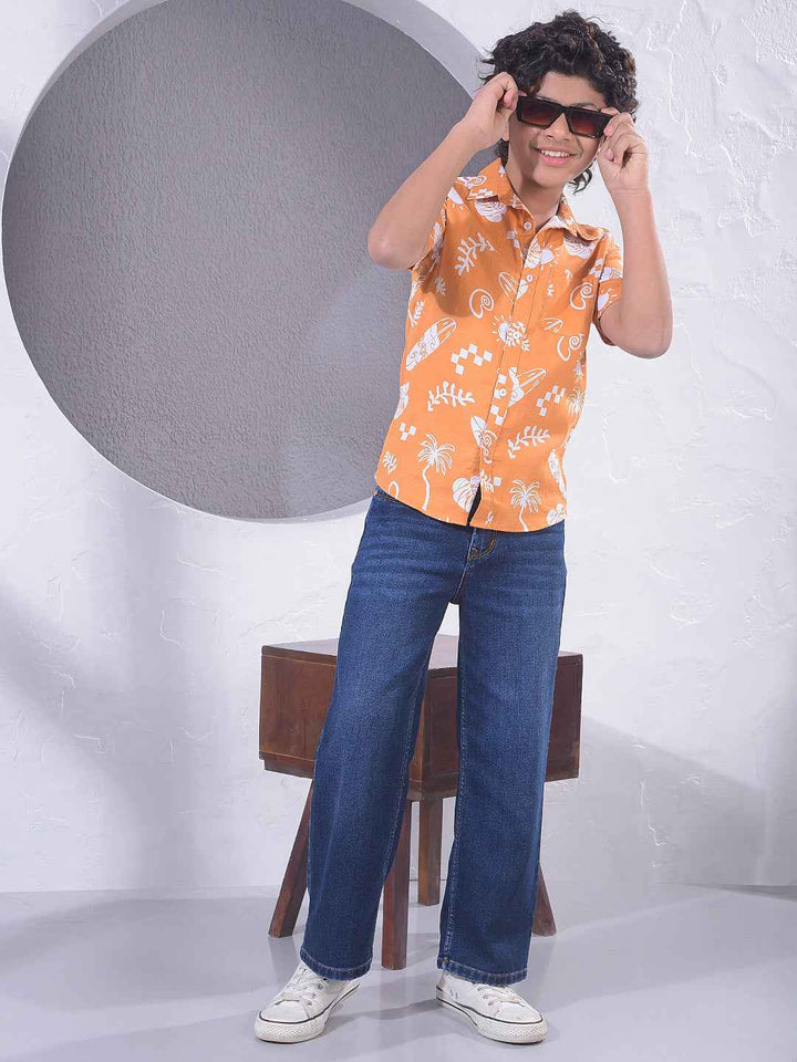 Orange Motif Print 100% Cotton Shirt