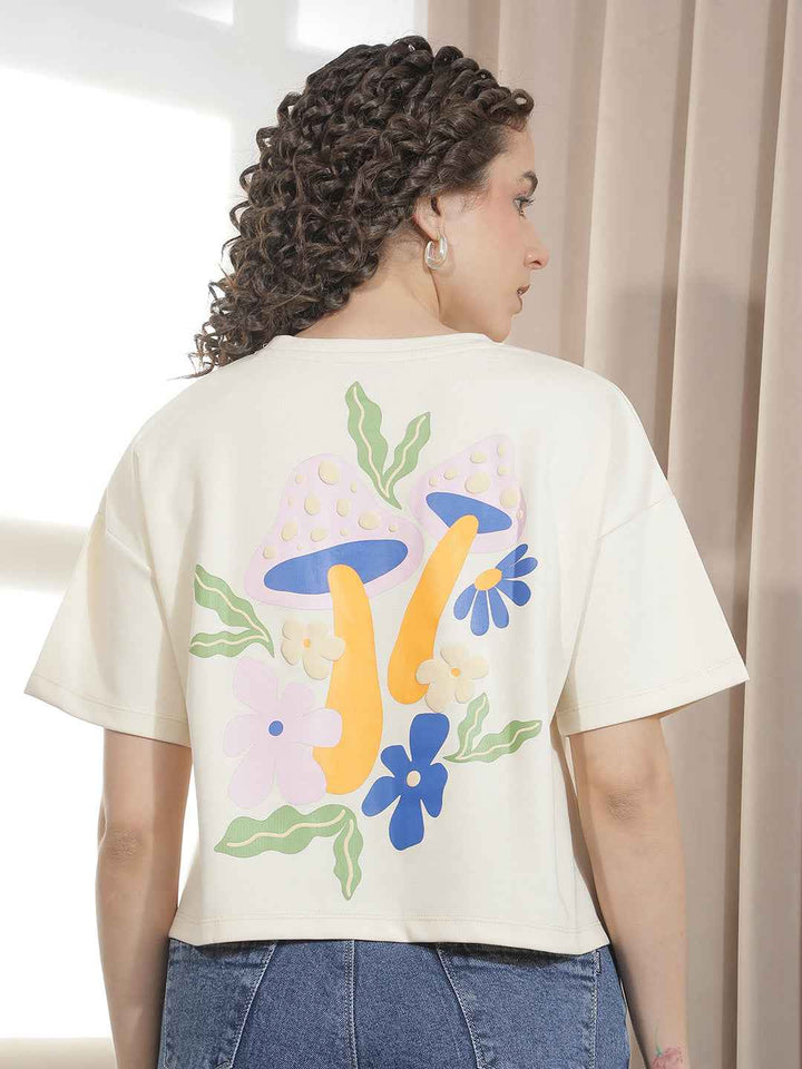 Beige Typographic Printed Crop Oversize T-Shirt