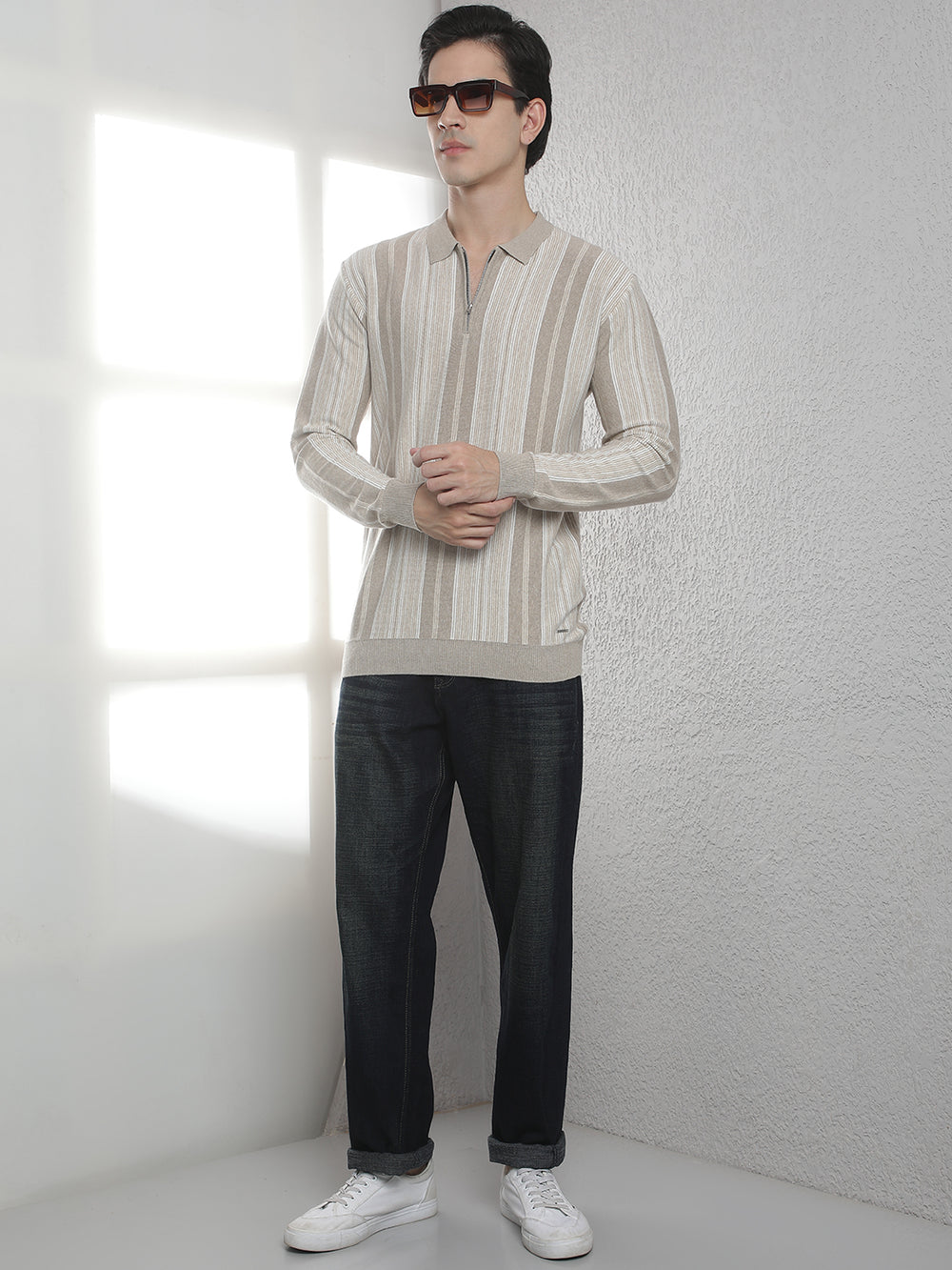 Beige 100% Cotton Verical Stripes Polo Neck Sweater
