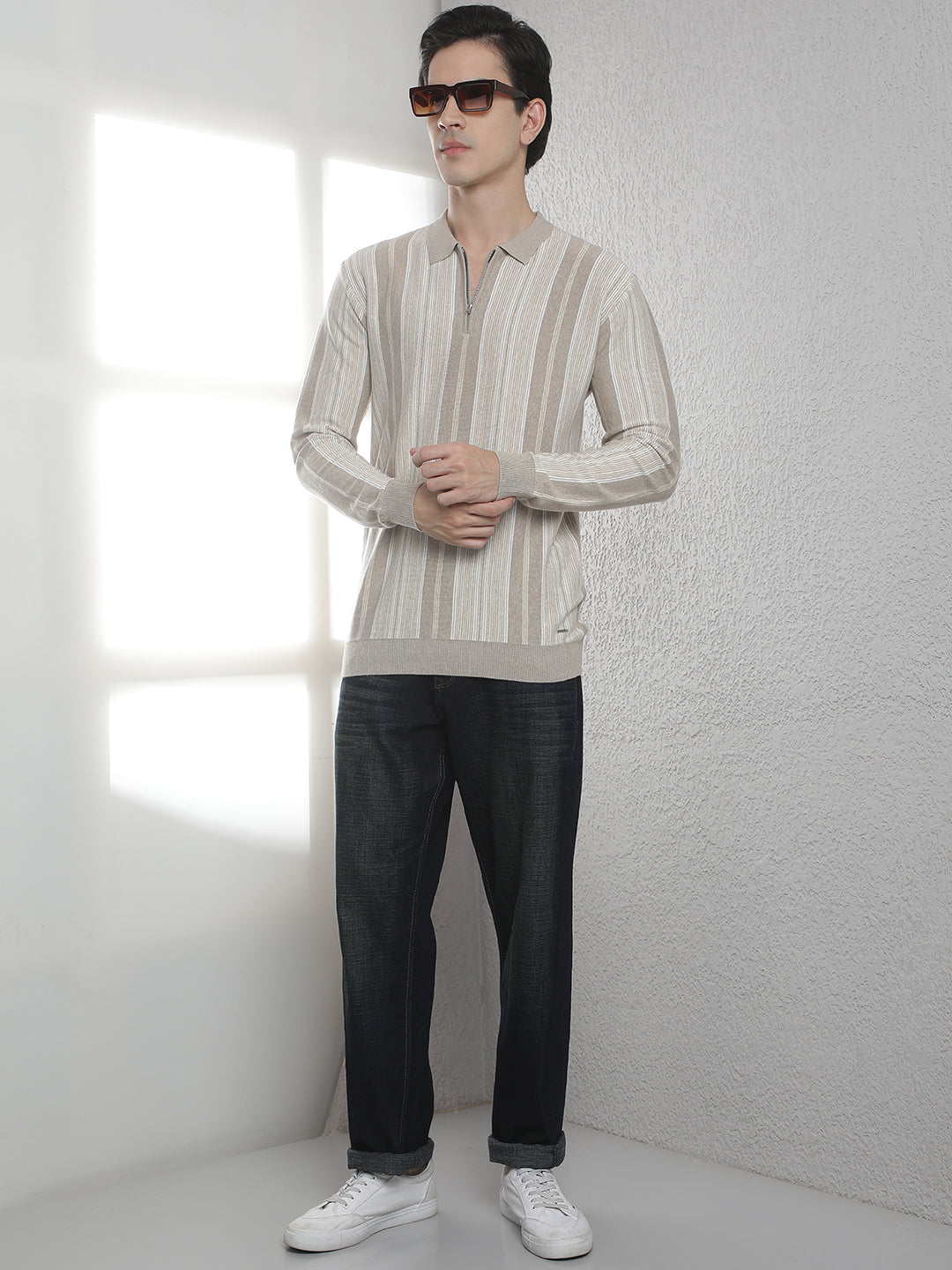 Beige 100% Cotton Verical Stripes Polo Neck Sweater