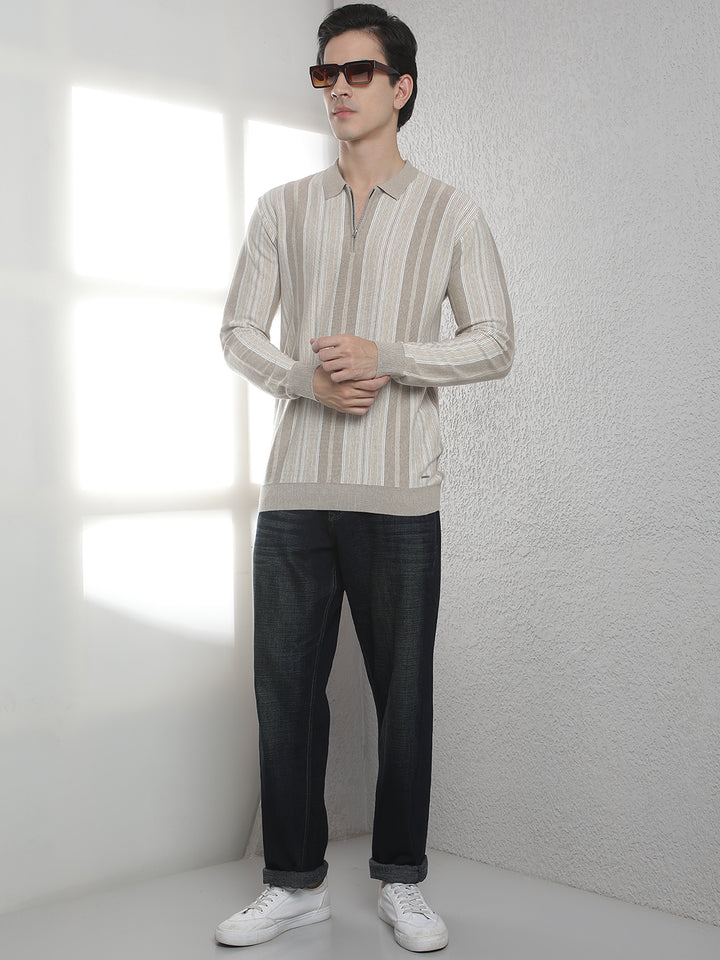 Beige 100% Cotton Verical Stripes Polo Neck Sweater