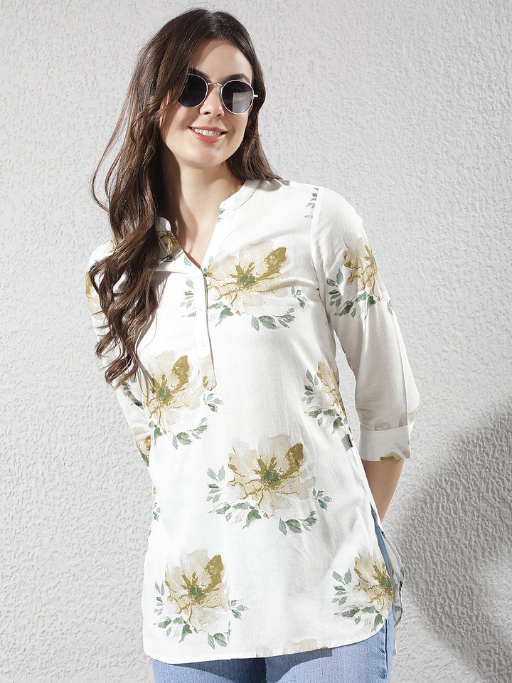 Green Floral Print Longline Linen Top