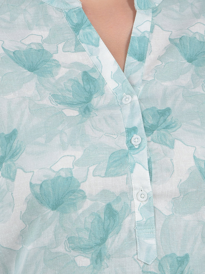 Green Floral Print V-Neck Linen Top