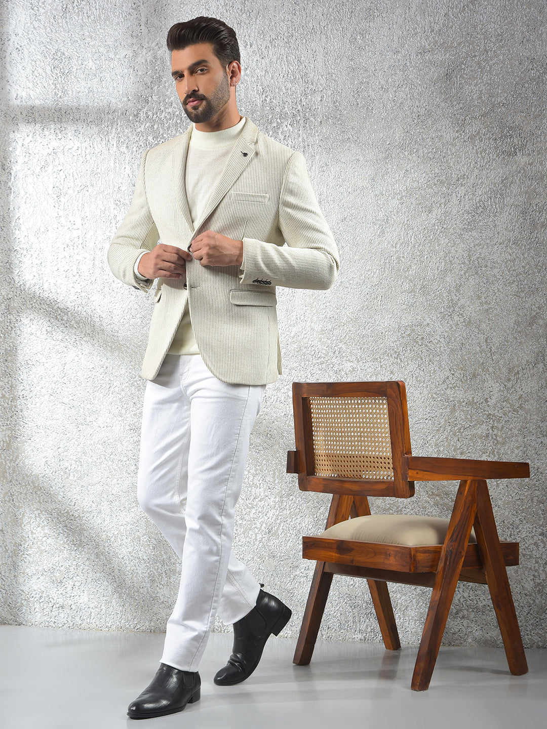 Beige Vertical Stripes Notched Lapel Single-Breasted Blazer