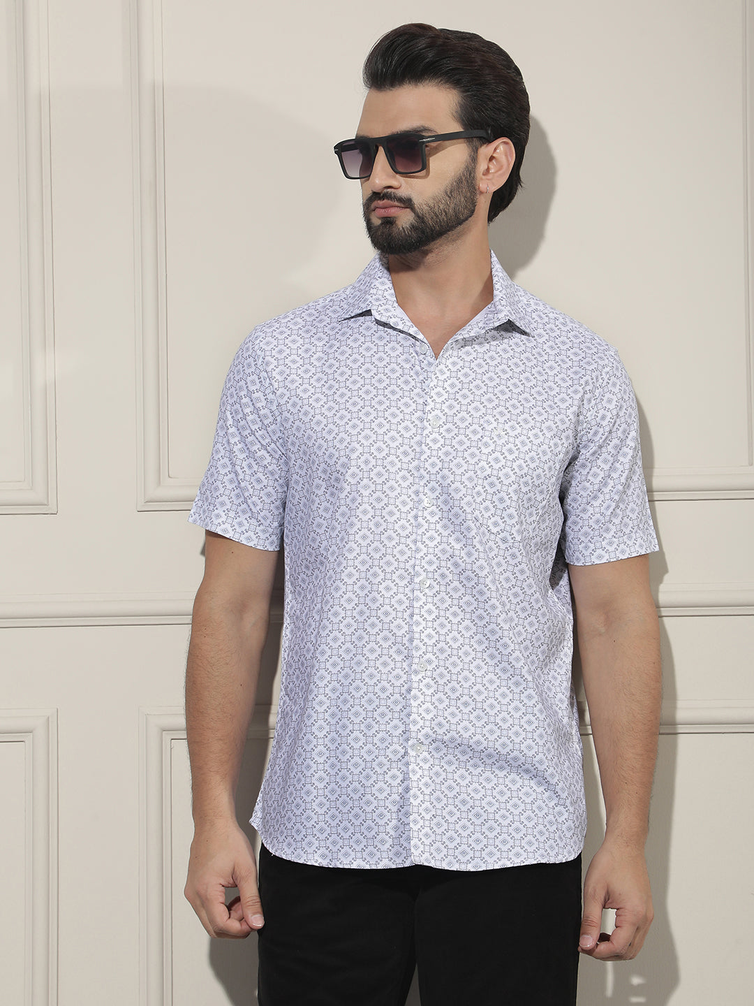 White Geometric Print Shirt