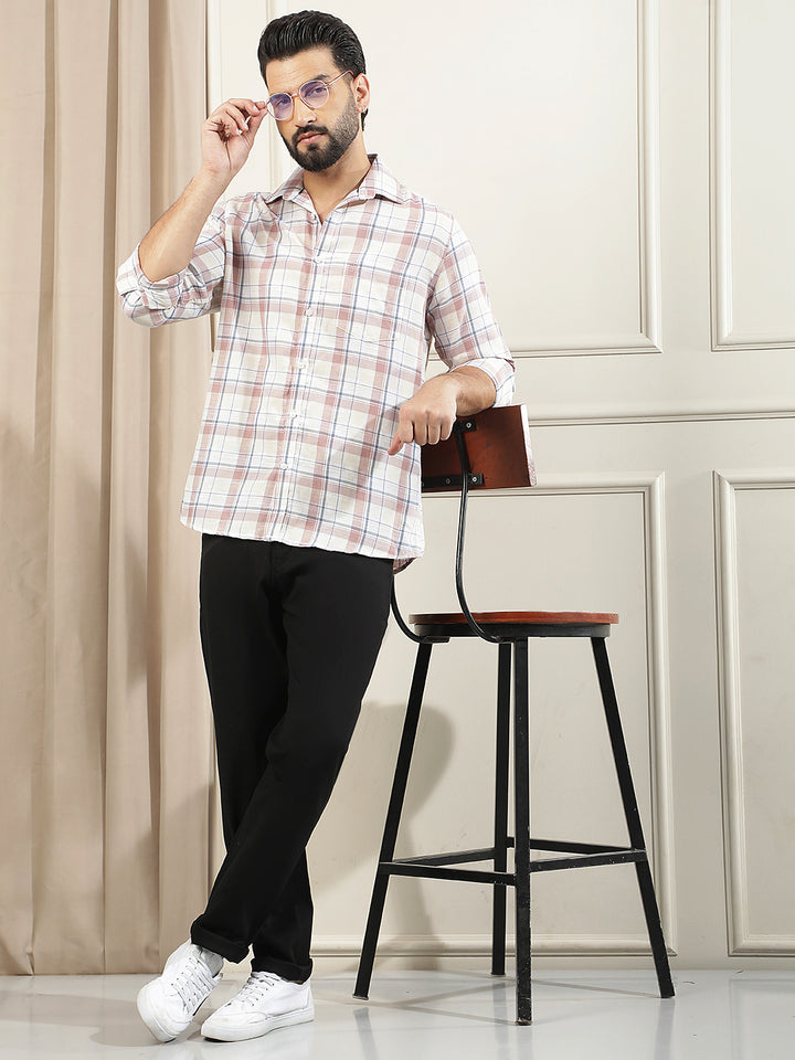 Peach Checked Linen Shirt