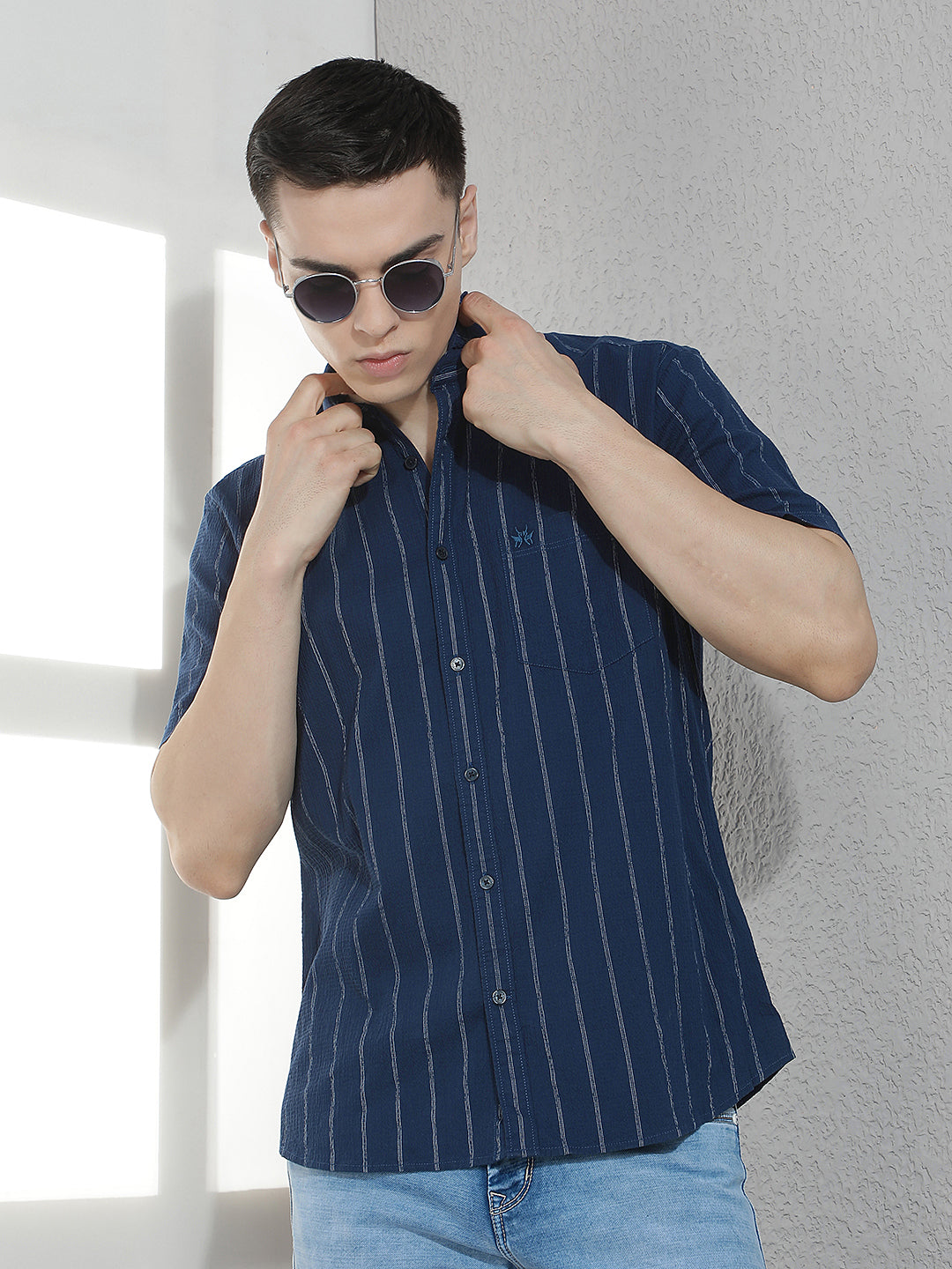 Navy Blue Vertical Striped Shirt