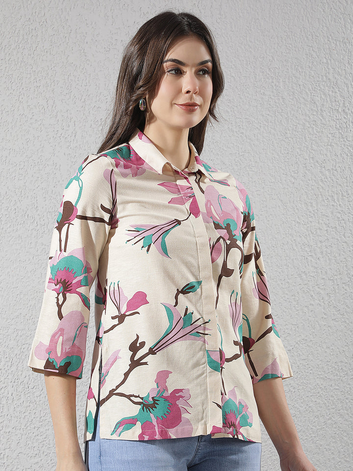 Pink Floral Print Linen Shirt