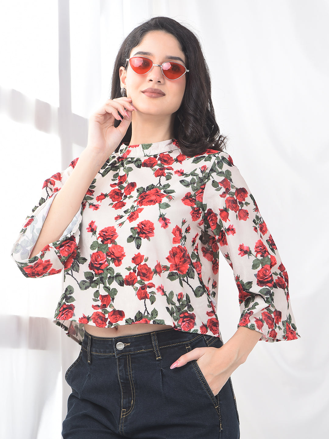Green Floral Print Cropped Top
